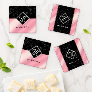 Elegant Black Marble & Pink Foil Monogram Coaster Set