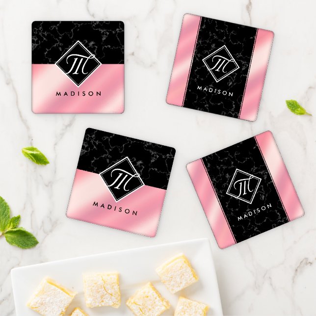 Elegant Black Marble & Pink Foil Monogram Coaster Set (In Situ)