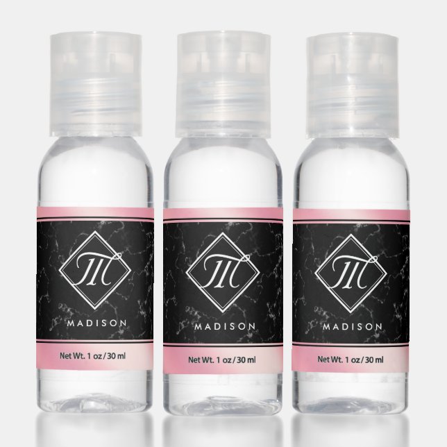 Elegant Black Marble & Pink Foil Monogram Hand Sanitizer (Set)