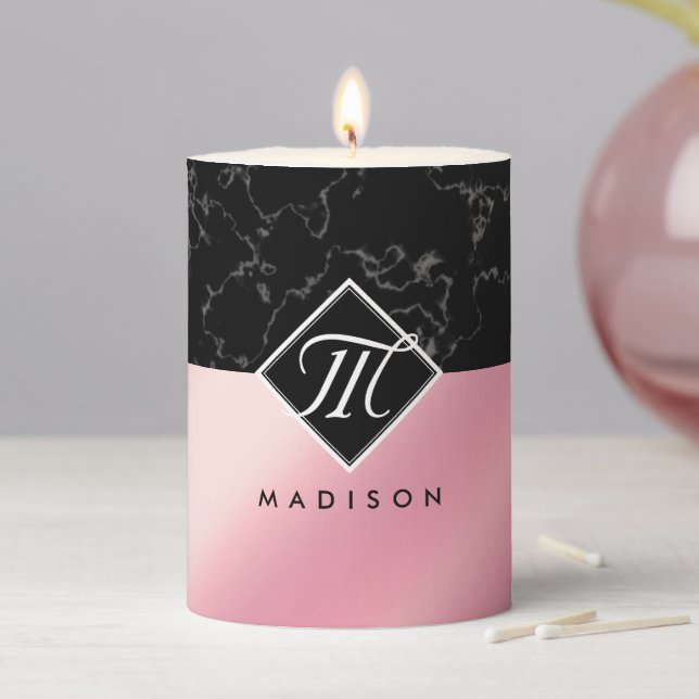 Elegant Black Marble & Pink Foil Monogram Pillar Candle (In Situ)