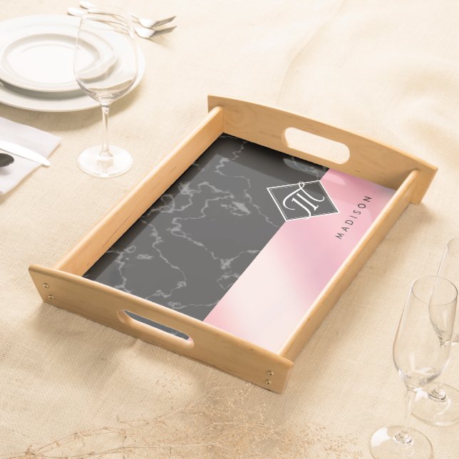 Elegant Black Marble & Pink Foil Monogram Serving Tray (Front)