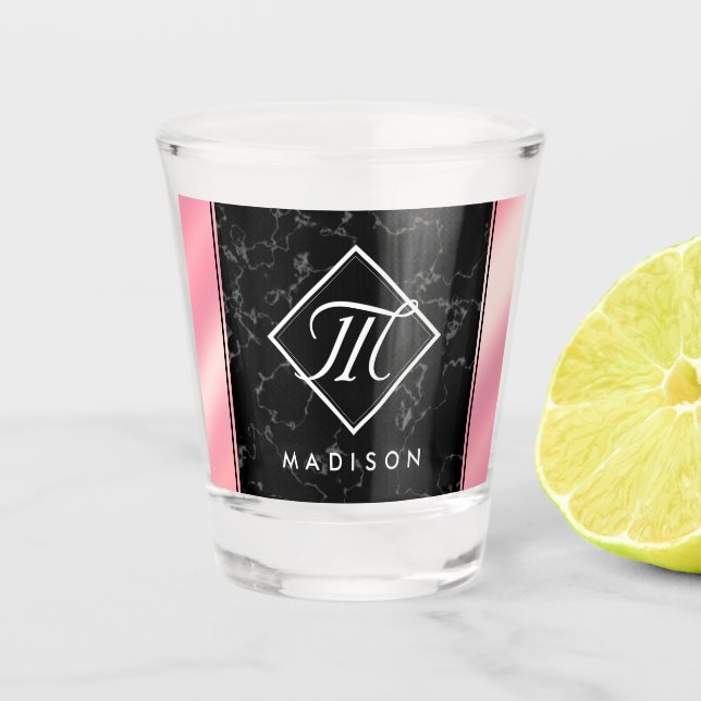 Elegant Black Marble & Pink Foil Monogram Shot Glass (Front)