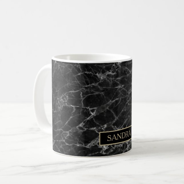 Elegant black marble print with name coffee mug (Front Left)