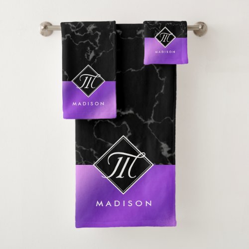 Elegant Black Marble  Purple Foil Monogram Bath Towel Set