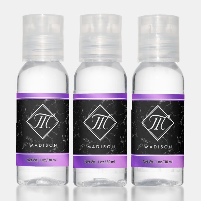Elegant Black Marble & Purple Foil Monogram Hand Sanitizer (Set)