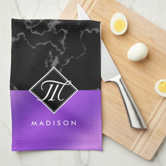 Elegant Black Marble & Purple Foil Monogram Kitchen Towel (Quarter Fold)
