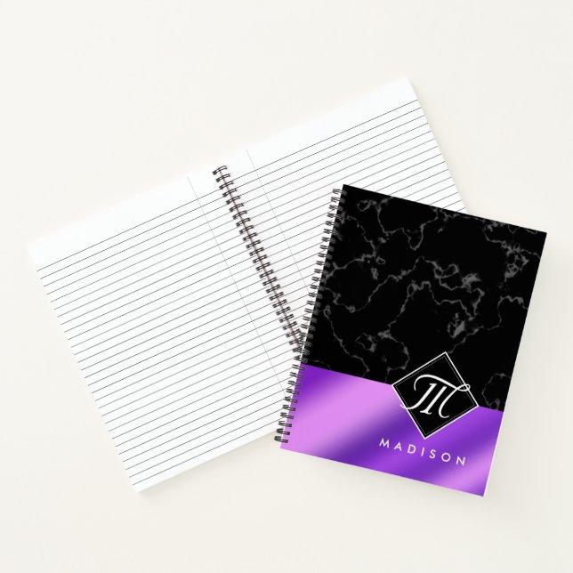 Elegant Black Marble & Purple Foil Monogram Notebook (Inside)