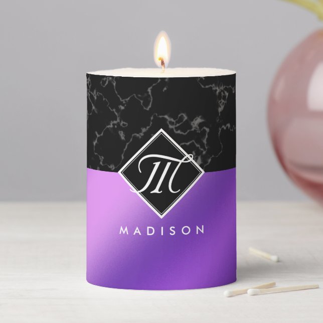 Elegant Black Marble & Purple Foil Monogram Pillar Candle (In Situ)
