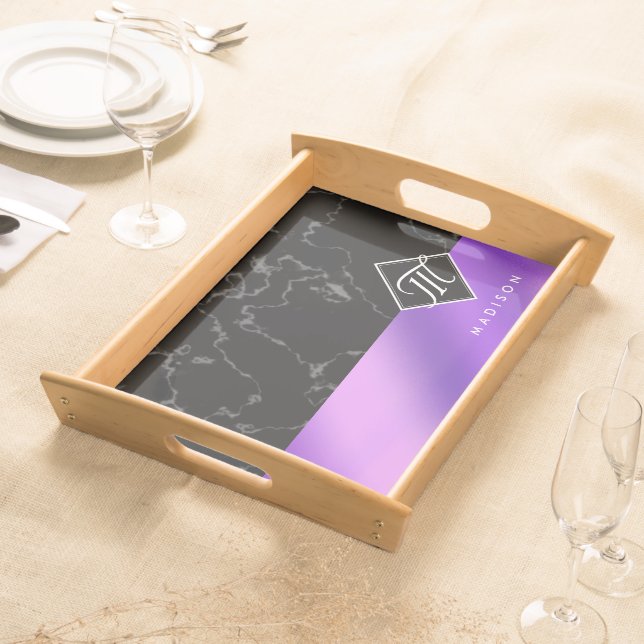 Elegant Black Marble & Purple Foil Monogram Serving Tray (Front)