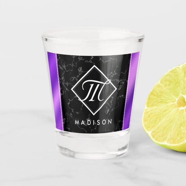 Elegant Black Marble & Purple Foil Monogram Shot Glass (Front)