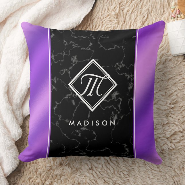 Elegant Black Marble & Purple Foil Monogram Throw Pillow (Blanket)