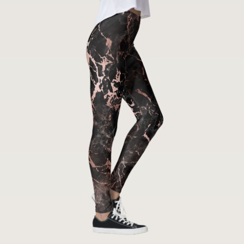 Elegant Black Marble Rose Gold Leggings