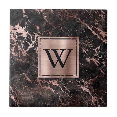 Elegant Black Marble Rose Gold Monogram Ceramic Tile