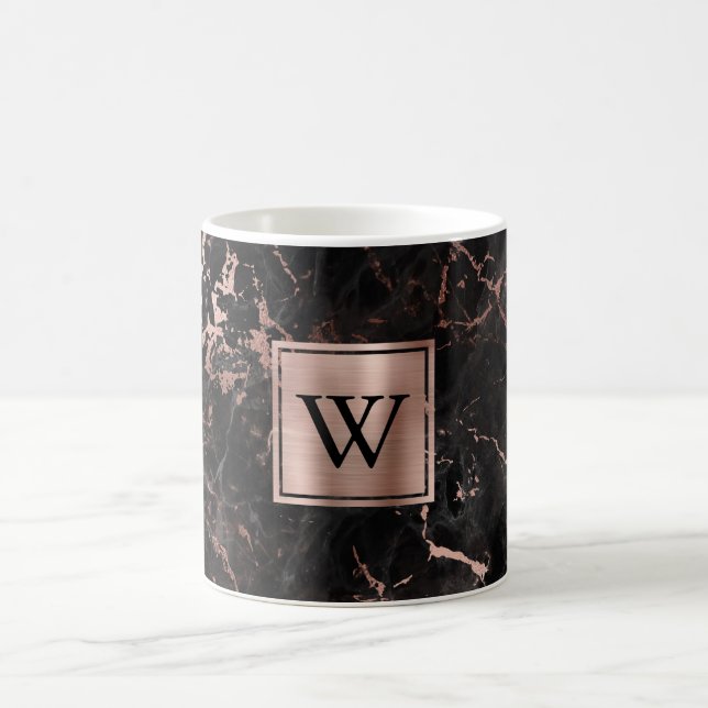 Elegant Black Marble Rose Gold Monogram Coffee Mug (Center)