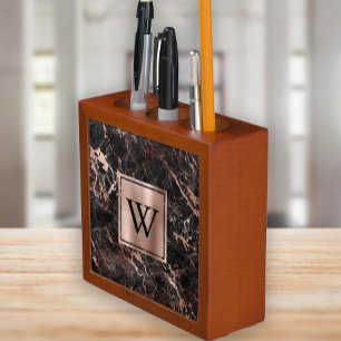 Elegant Black Marble Rose Gold Monogram Desk Organizer