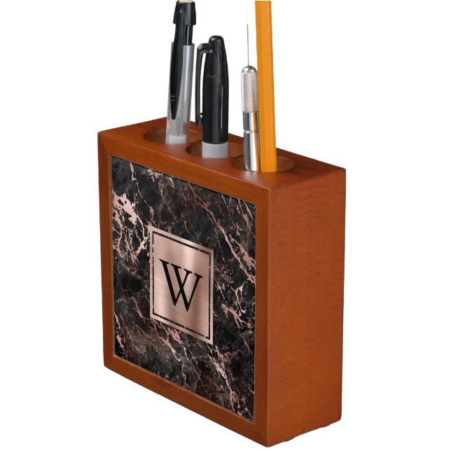 Elegant Black Marble Rose Gold Monogram Desk Organizer (In Situ)