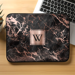 Elegant Black Marble Rose Gold Monogram Laptop Sleeve