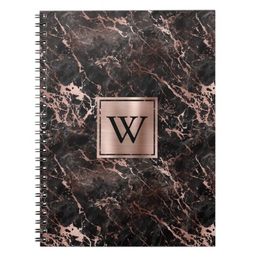 Elegant Black Marble Rose Gold Monogram Notebook