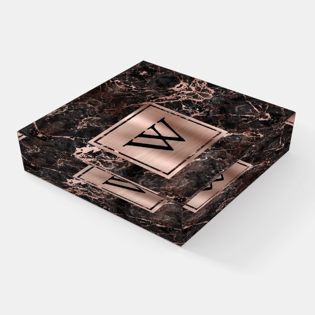 Elegant Black Marble Rose Gold Monogram Paperweight (Angled)