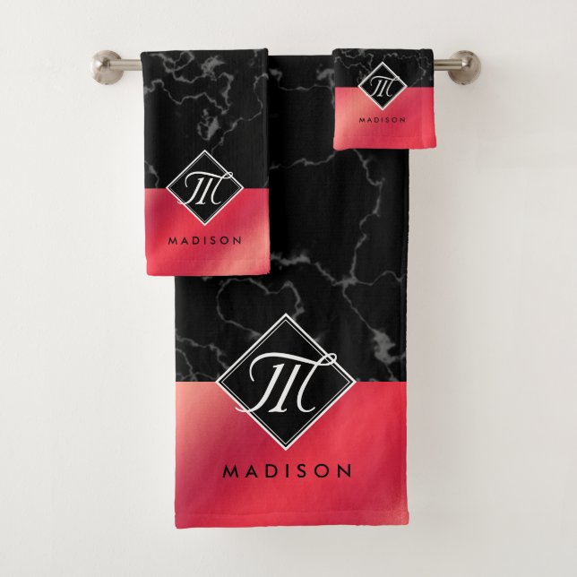 Elegant Black Marble & Rosé Red Foil Monogram Bath Towel Set (Insitu)