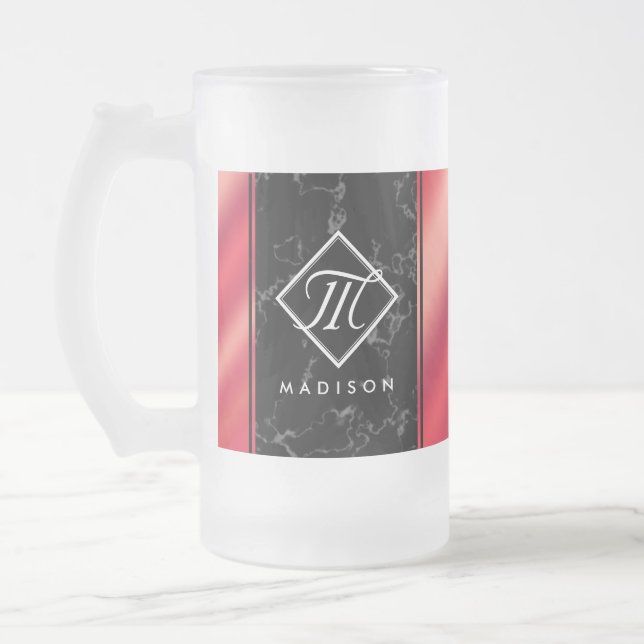 Elegant Black Marble & Rosé Red Foil Monogram Frosted Glass Beer Mug (Left)