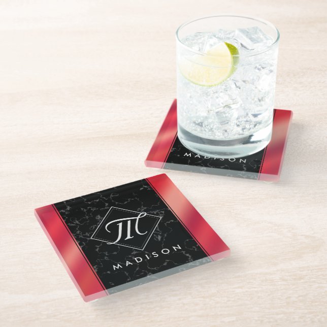 Elegant Black Marble & Rosé Red Foil Monogram Glass Coaster (Angled)