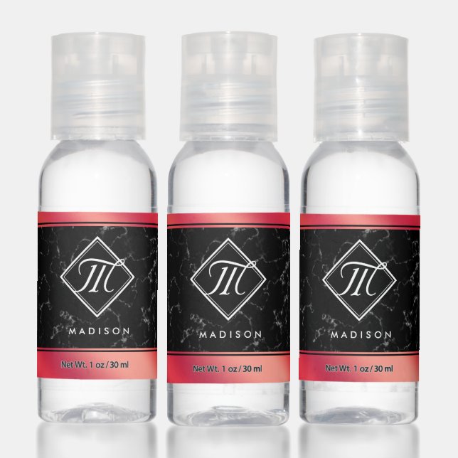 Elegant Black Marble & Rosé Red Foil Monogram Hand Sanitizer (Set)