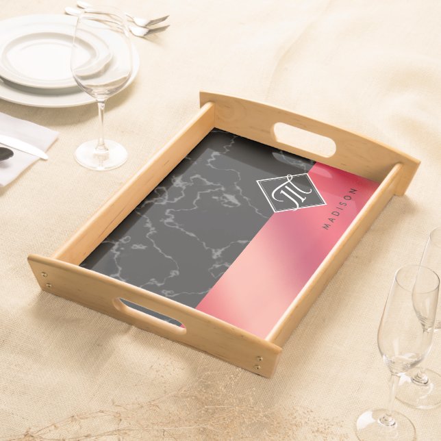 Elegant Black Marble & Rosé Red Foil Monogram Serving Tray (Front)