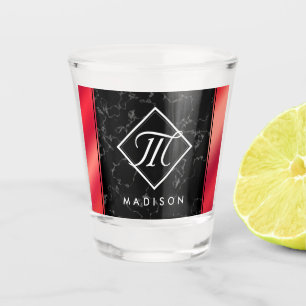 Elegant Black Marble & Rosé Red Foil Monogram Shot Glass