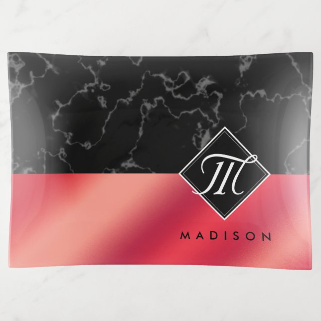 Elegant Black Marble & Rosé Red Foil Monogram Trinket Tray (Front)
