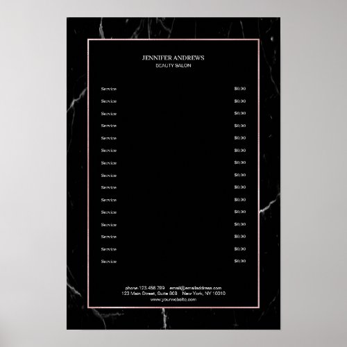 Elegant Black Marble Rosegold Pricelist Poster