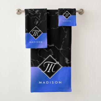 Elegant Black Marble & Blue Foil Script Monogram Bath Towel Set