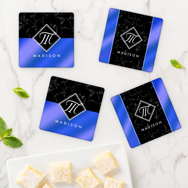 Elegant Black Marble & Royal Blue Foil Monogram Coaster Set (In Situ)