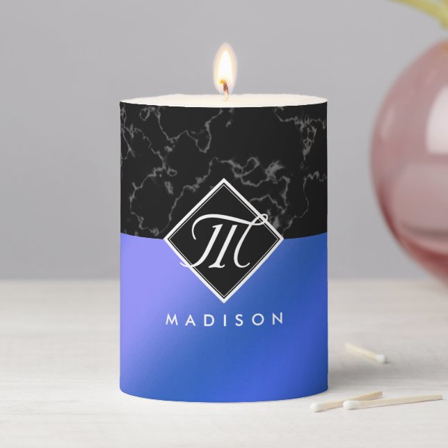 Elegant Black Marble & Royal Blue Foil Monogram Pillar Candle (In Situ)