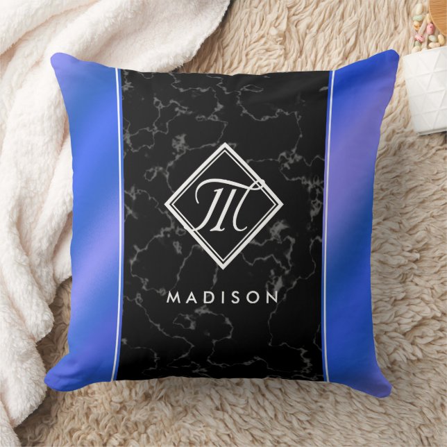 Elegant Black Marble & Royal Blue Foil Monogram Throw Pillow (Blanket)