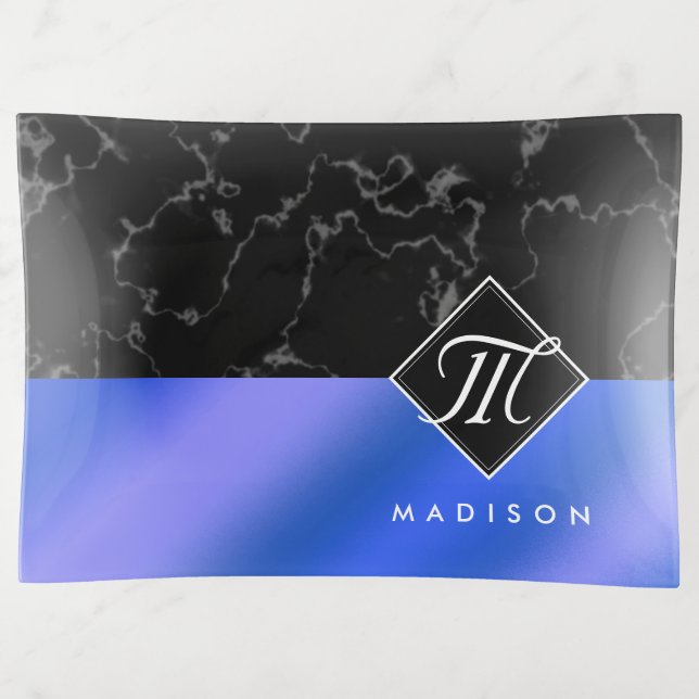 Elegant Black Marble & Royal Blue Foil Monogram Trinket Tray (Front)