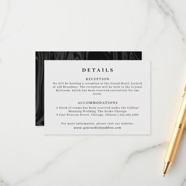 Elegant  black marble wedding information  enclosure card (Front/Back In Situ)