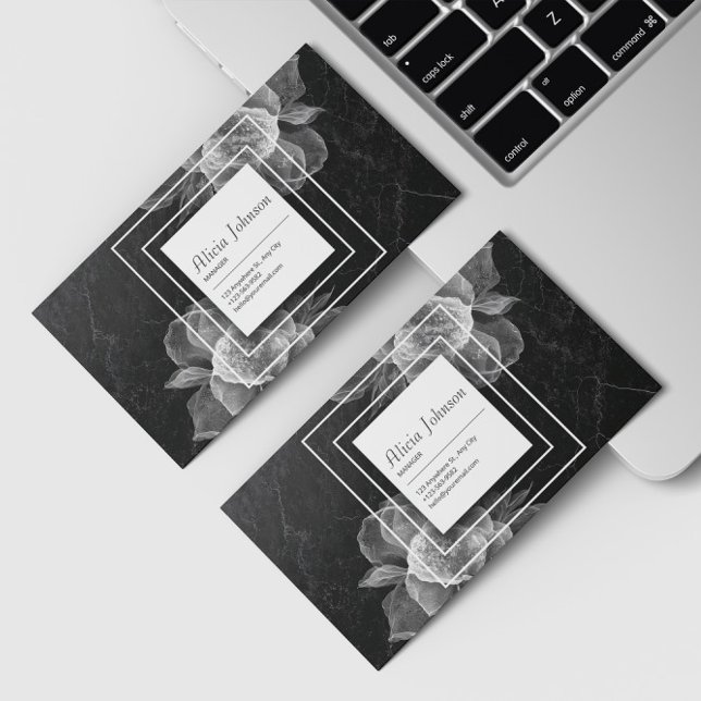 Elegant Black Marble White Floral Square Modern Business Card (Creator Uploaded)