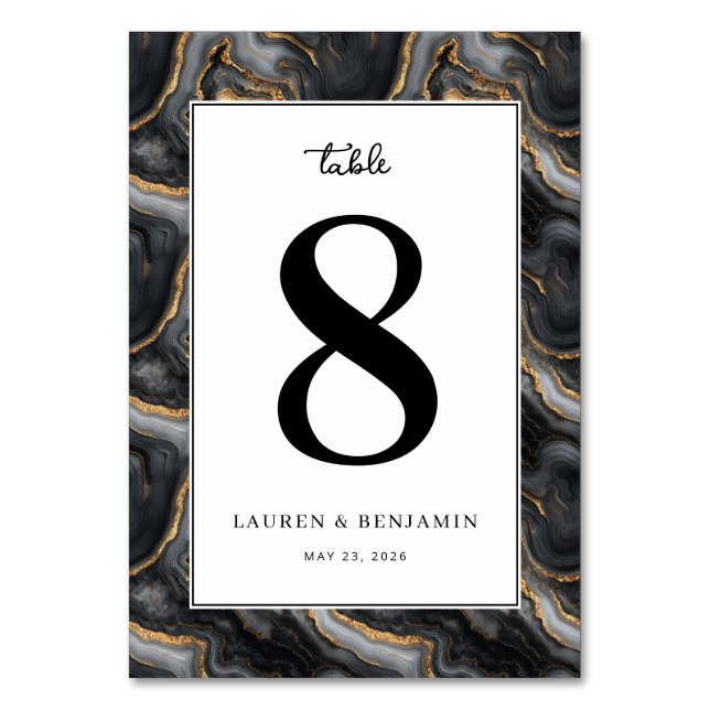 Elegant Black Marbled Number Eight Table Number (Front)