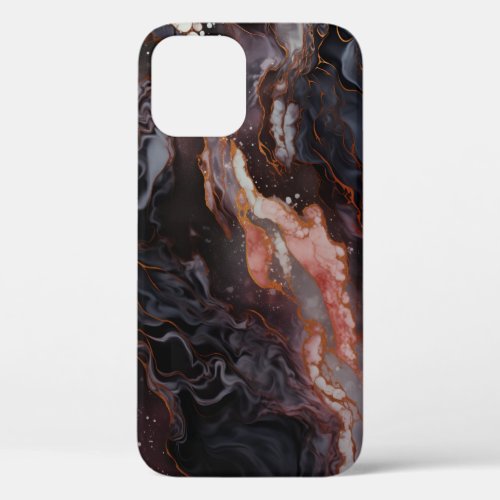 Elegant Black Maroon Marble Gray Gold Accent iPhone 12 Case