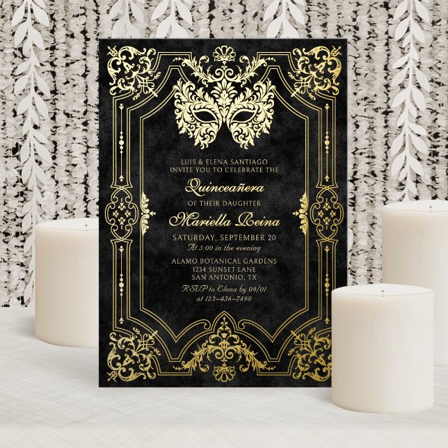 Elegant Black Masquerade Mask Quinceanera Foil Invitation (Creator Uploaded)
