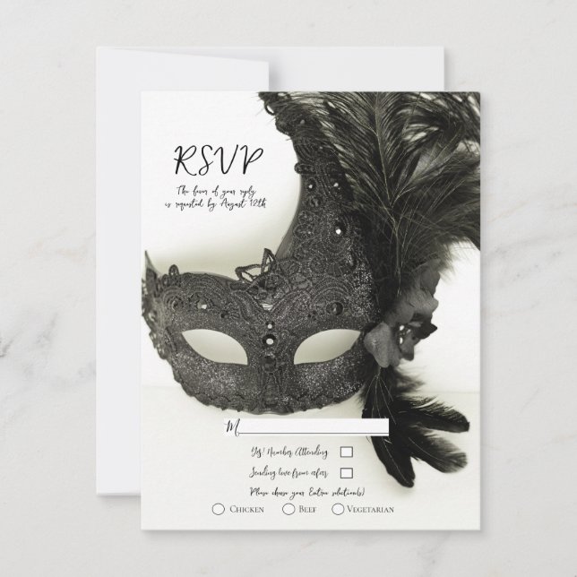 Elegant Black Masquerade Mask Sage Wedding RSVP  Invitation (Front)
