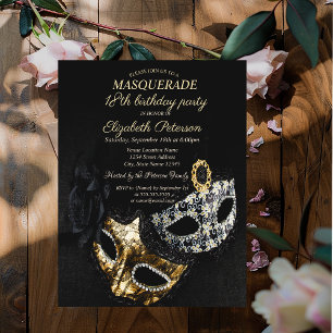 Elegant Black Masquerade, Masque 18th Birthday Invitation