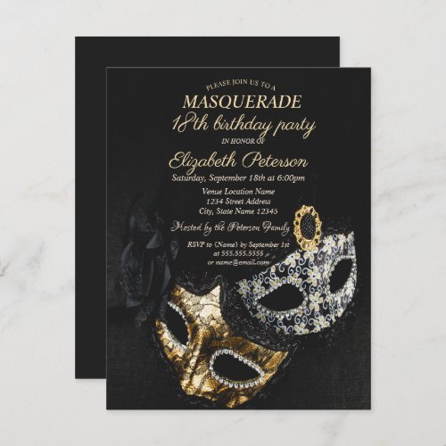 Elegant Black Masquerade Masque 18th Birthday Invitation