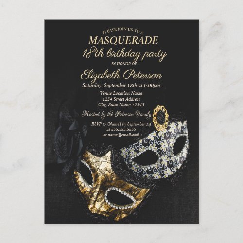 Elegant Black Masquerade Masque 18th Birthday Invitation Postcard