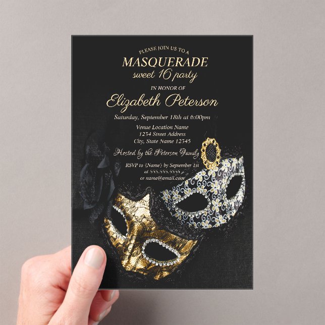 Elegant Black Masquerade, Masque Sweet 16 Acrylic Invitations (Insitu (Handheld))