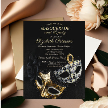 Elegant Black Masquerade  Masque Sweet 16 Invitation by Biglibigli at Zazzle