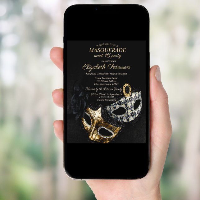 Elegant Black Masquerade, Masque Sweet 16 Invitation (Front Digital)