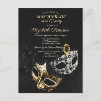 Elegant Black Masquerade, Masque Sweet 16 Invitation Postcard