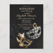 Elegant Black Masquerade, Masque Sweet 16 Invitation Postcard (Front)